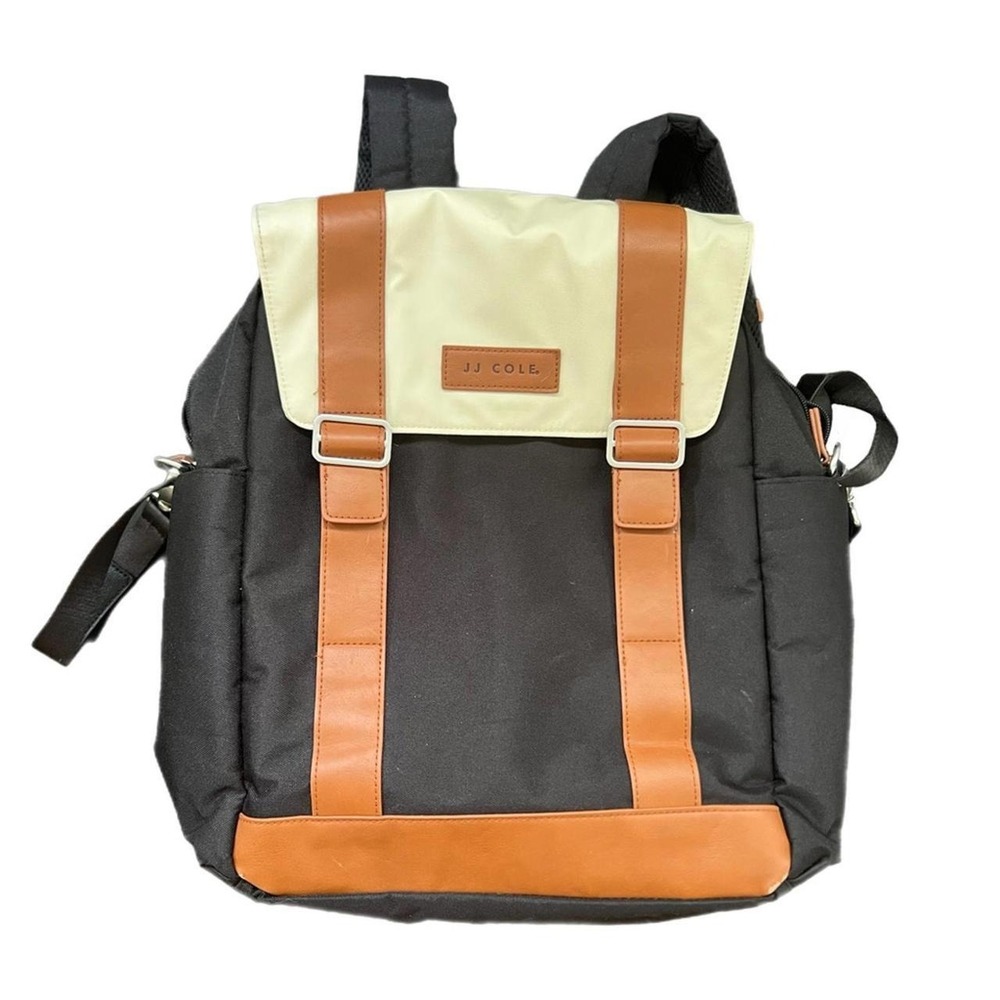 JJ Cole Diaper Bag Backpack Black Cream Brown Faux Leather Trim Large OS